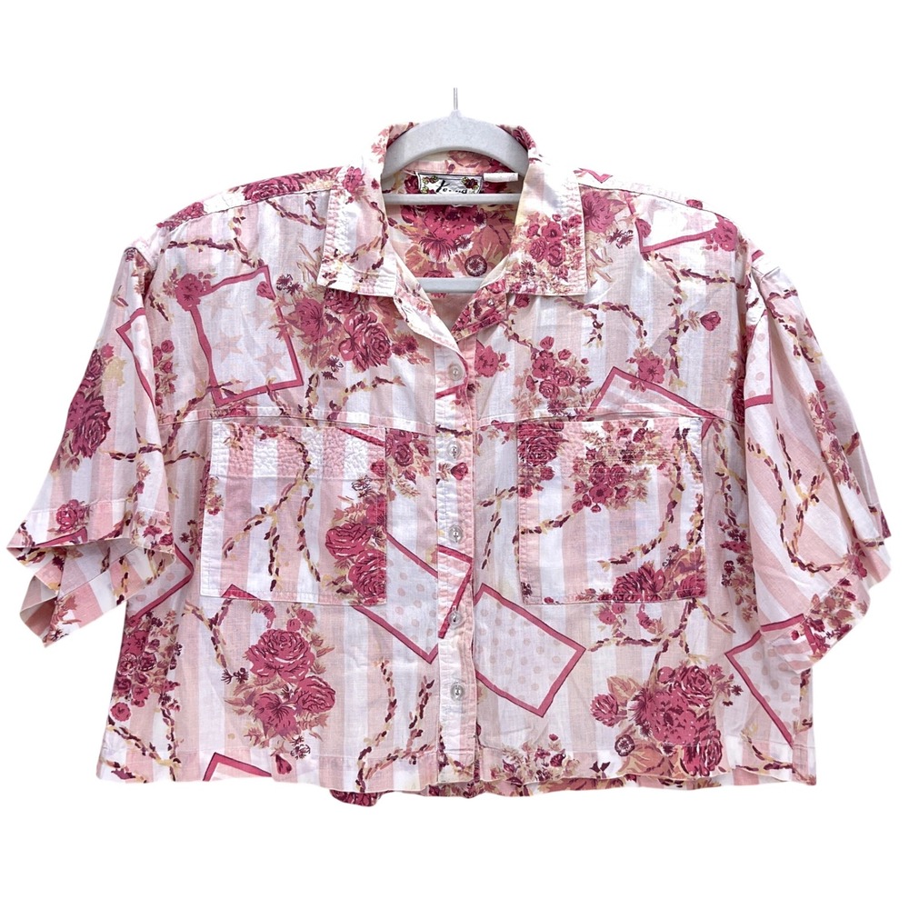 Vtg 90s Terra Pink Floral Cotton Button Up Shirt M Cropped Shoulder Pads Boxy